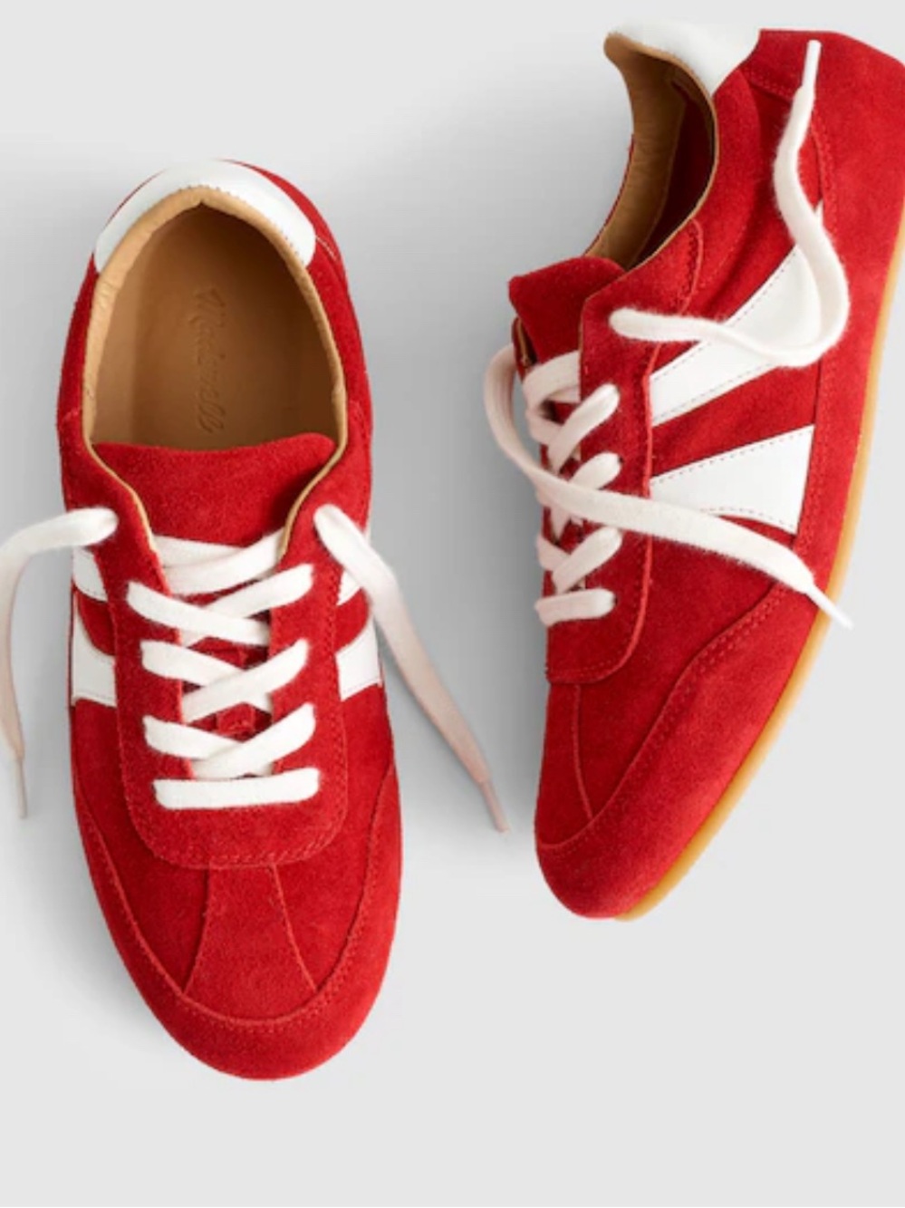 Madewell the Oaklynne Red Suede Sneakers with White Stripes